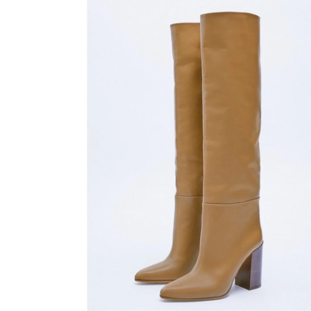 NEW ZARA Leather Knee High Heeled Camel Boots 38 Size 7.5 - Picture 5 of 10